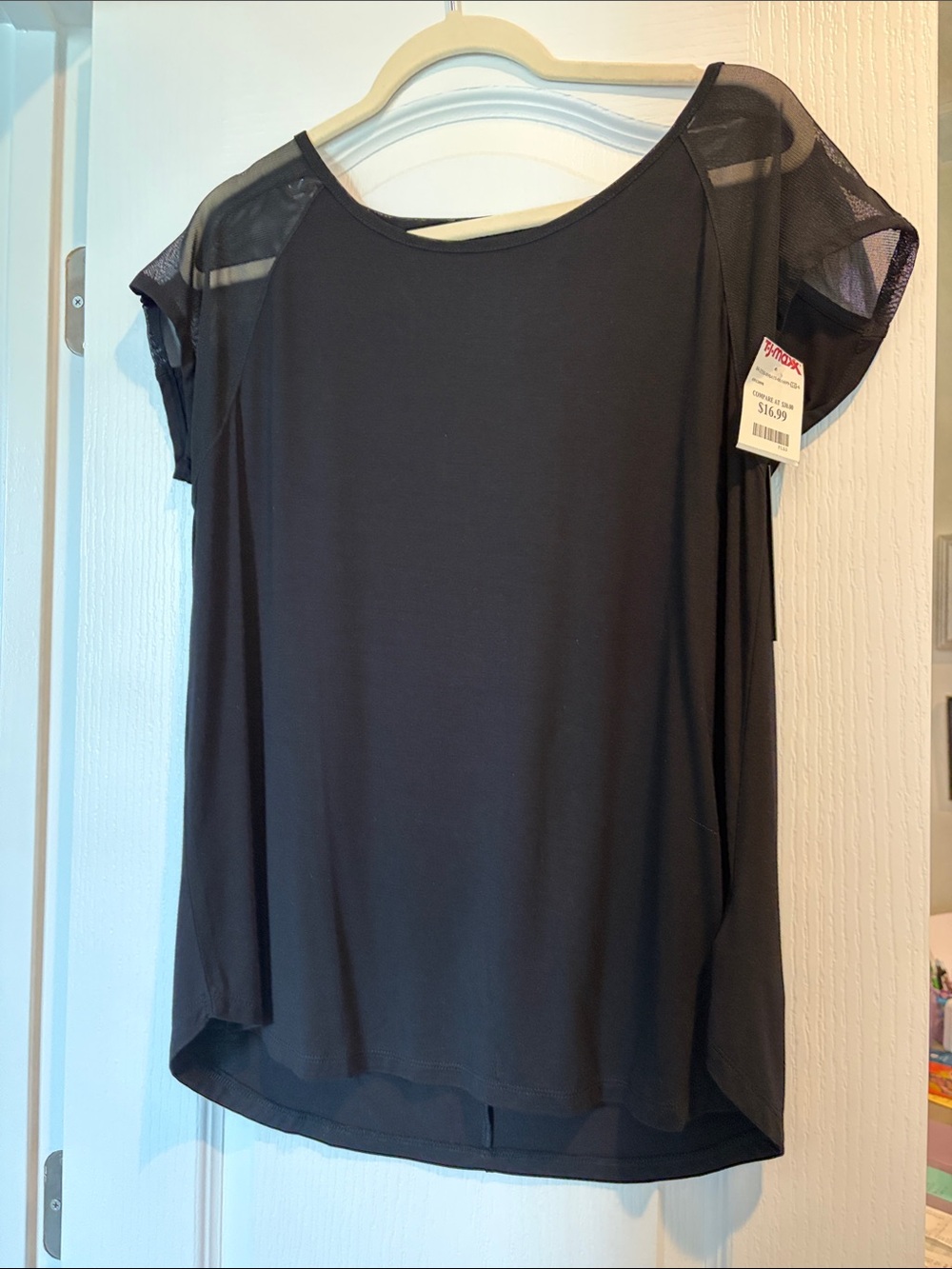 Tahari Black Short Sleeve Top with Mesh Shoulders